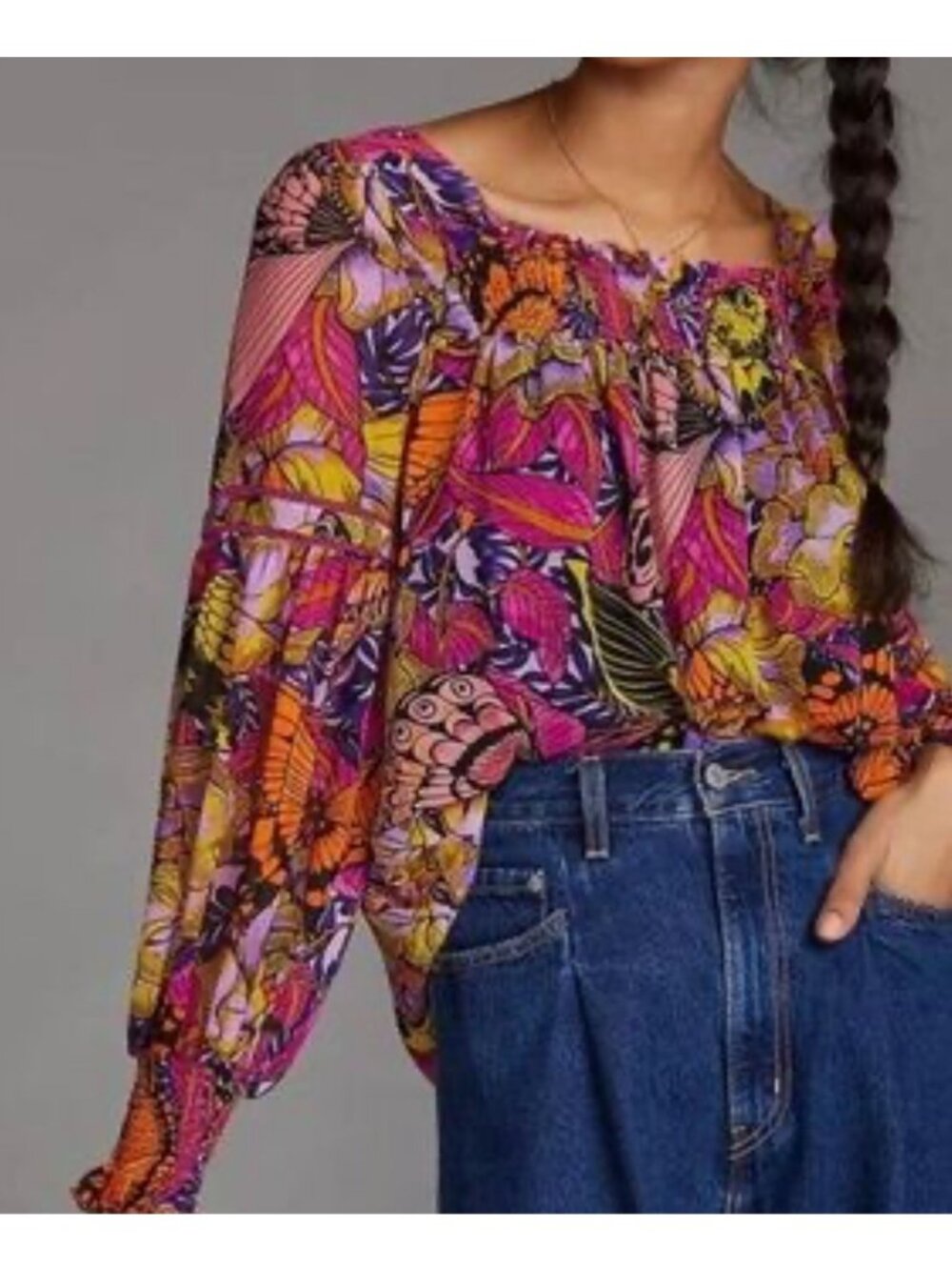 Alexandra Farmer For Anthropologie Butterfly-Print Smocked Peasant Top Multicolo